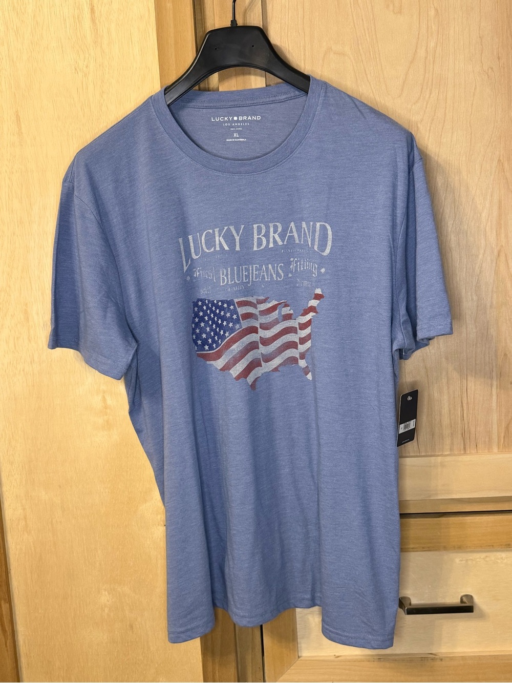Lucky Brand Men's Light Blue Graphic Tee with Flag Map